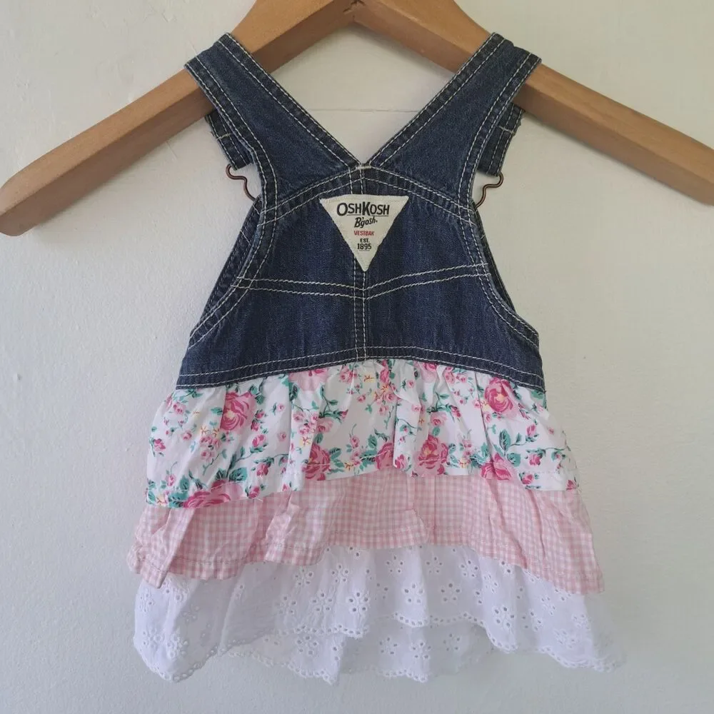 Oshkosh 12 Month Baby Overall Dress Jumper Denim Pink Floral Gingham Lace Tiered
